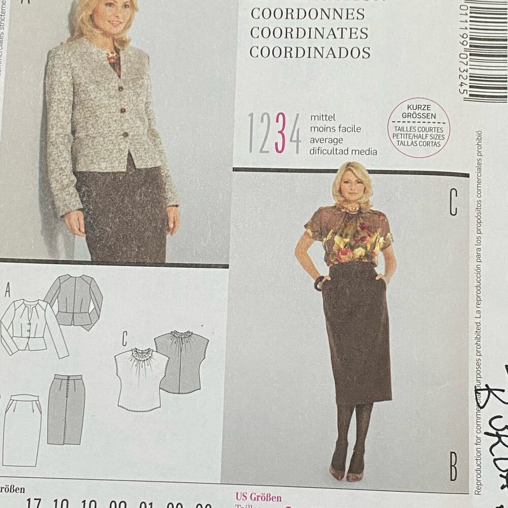 Burda sewing pattern #7321 coordinates jacket top skirt UNCUT size US 8-20